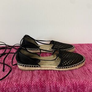 Frye Leo Lace Up Espadrilles Flats Perforated Black Leather Size 8